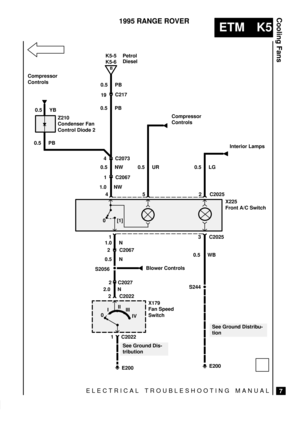 Page 306ELECTRICAL TROUBLESHOOTING MANUAL
ETM K5
Cooling Fans
7
1995 RANGE ROVER
52 C2025
2 C2022 2 C2067
See Ground Distribu-
tion
0.5 UR
Interior Lamps
0.5 LG
0
13 C2025
0.5 WB
S244
Blower ControlsS2056
2 C2027
2.0 N
See Ground Dis-
tribution
E200
1 C2022
0III
III
IV
1Compressor
Controls
0.5 PBZ210
Condenser Fan
Control Diode 2
X179
Fan Speed
SwitchX225
Front A/C Switch 4
0.5 NW4 C2073 0.5 PB19C217 0.5 PB
B
K5-6 K5-5 Petrol
Diesel
1.0 NW
1.0 N
0.5 N
C2067
Compressor
Controls
0.5 YB
[1]
E200 