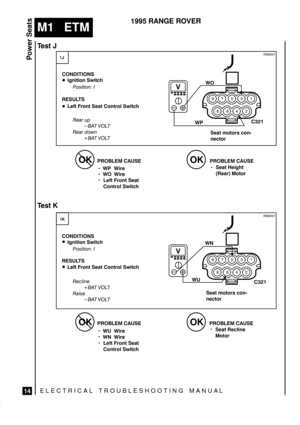 Page 364ELECTRICAL TROUBLESHOOTING MANUA L
M1   ETM
Power Seats
14
1995 RANGE ROVER

$% 
$% 
Seat motors con-
nector


Seat motors con-
nector







	 	

Seat Recline
Motor



  	 




  	 





	 	

Seat Height
(Rear) Motor


	 	

	 	

!%! &%

 
	



!%! &%

 
	
# #
# 

  
% 
#!% % !%# &%
 
 
	
 ...