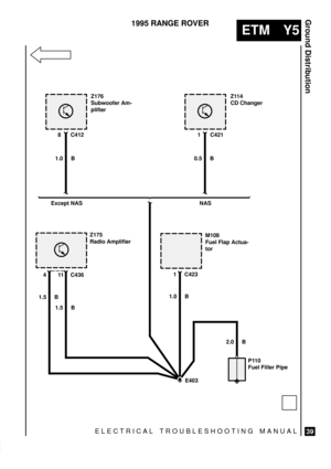 Page 593ELECTRICAL TROUBLESHOOTING MANUAL
ETM Y5
Ground Distribution
39
1995 RANGE ROVER
E4032.0 B
1.0 B1 C423M108
Fuel Flap Actua-
tor 0.5 B 1.0 B1 C421 8 C412Z114
CD Changer
NAS Except NAS
Z176
Subwoofer Am-
plifier
1.5 B11 C436Z175
Radio Amplifier
1.5 B4
P110
Fuel Filler Pipe 