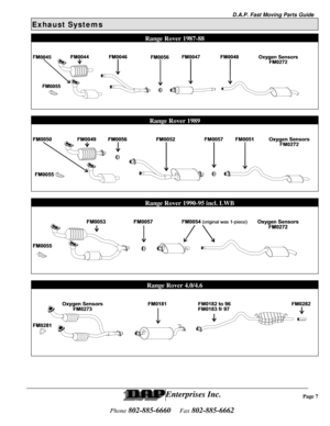 Page 8D.A.P. Fast Moving Parts Guide
Enterprises Inc.
Phone 802-885-6660    Fax 802-885-6662
Exhaust Systems
Range Rover 1987-88
Range Rover 1989
Range Rover 1990-95 incl. LWB
Range Rover 4.0/4.6 