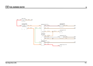 Page 117FUEL BURNING HEATER 
V8
New Range Rover (LHD)116
39
FUEL BURNING HEATE RV8
R,0.35
N,4.0
SB,0.5
WRY,0.35
N,2.5BR,0.75NB,0.35WRY,0.35
RY,0.75
WG,0.35
N,1.5
R,35.0
RY,2.5
N,35.0
WRY,0.35
NB,0.5N,0.75
Heater-Fuel burning (H115)control (D243) Module-HEVACheater (D255)
Receiver-Fuel burning
compartment (P101) Fuse box-PassengerBattery (P100)12.0 VoltsFUSE 5920.0 Amps
Instrument Pack (J100)Amplifier-Television (F179)Valve-Non-return (N145)heater (FBH) (H111)
Pump-Fuel burning
C2228-1C2037-2C0233-7
K-BUS...