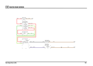 Page 121HEATED REAR SCREEN 
New Range Rover (LHD)12040
HEATED REAR SCREEN
N,1.5N,4.0
GY,0.5R,16.0G,4.0R,4.0
UN,0.35B,4.0
R,35.0
N,35.0
N,4.0
Switch-Ignition (S176)
FUSE 930.0 AmpsFuse box-Rear (P107)
Ignition (Y104)
rear screen (R138)Relay-Heated
control (D243) Module-HEVAC
rear screen (S120)Switch-Heated
Rear screen (H100) Heater element-
FUSE 25.0 AmpsFUSE 5330.0 Amps
compartment (P101) Fuse box-PassengerBattery (P100)
LINK 5100.0 Amps12.0 Volts
C2022-10C2024-99C0099-6
C2022-26C2021-5
C0099-9
C1629-7
C1630-3...