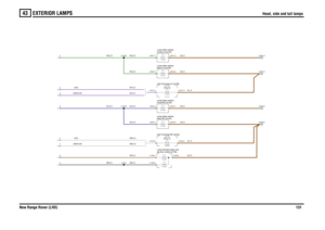 Page 132EXTERIOR LAMPS 
Head, side and tail lamps
New Range Rover (LHD)131
43
Head, side and tail lamps
SB,0.5
SN,0.5SP,0.5 (NON-US)SP,0.5 (US)SW,0.5 (NON-US)SW,0.5 (US)
SU,0.5SG,0.5
N,0.5N,1.5
SB,0.5
N,0.5N,0.5N,0.5N,0.5
N,1.5
SU,0.5SU,0.5SG,0.5SG,0.5
HGFEBDCA
tail door switch (A155) Lamp-Number plate andUnit-Tail lamp-RH (A140)
5.0 Watts5.0 WattsRH (A114) Lamp-Tail-5.0 Watts
5.0 Watts5.0 Watts5.0 Watts5.0 WattsFront-LH (A133) Lamp-Side marker-Front-RH (A132) Lamp-Side marker-Rear-RH (A134)
Lamp-Side...
