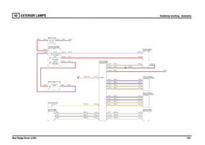 Page 135EXTERIOR LAMPS 
Headlamp levelling - Automatic
New Range Rover (LHD)134
43
EXTE RIOR LAMPS
Headlamp levelling - Automatic
UR,0.35
NB,0.5
R,4.0
WS,0.35WB,0.35WN,0.35YR,0.5YN,0.5YB,0.5YN,0.5UR,0.5UN,0.5UB,0.5UN,0.5YR,0.5
PY,0.5PB,4.0R,4.0
YW,0.35SW,0.35SB,0.35SN,0.35WRY,0.35
R,35.0
N,35.0
UR,0.5
levelling (D226) ECU-Headlamp
ECU-ABS (D125)Rear-RH (T237)
Sensor-Height-Switch-Ignition (S176)
Auxiliary (Y163)
LINK 450.0 AmpsFUSE 95.0 Amps
compartment (P101) Fuse box-PassengerBattery (P100)
FUSE 5330.0 Amps...