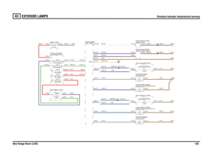 Page 137EXTERIOR LAMPS 
Direction indicator lamps\hazard warning
New Range Rover (LHD)136
43
EXTE RIOR LAMPS
Direction indicator lamps\hazard warning
N,0.5
G,4.0PB,4.0R,4.0
UY,0.5UY,0.5UG,0.75UN,0.75
R,4.0
UG,0.75 (US)UG,0.75 (NON-US)
UG,0.75
R,35.0
W,0.35WSY,0.35NU,0.35UN,0.35
GS,0.35R,4.0PY,0.5
N,35.0
UN,0.75 (US)UN,0.75 (NON-US)
UN,0.75
N,0.5N,0.75N,1.5N,0.5N,0.75
NB,0.35
N,1.5NB,2.5
NB,0.5
NB,1.0
and CDL Master (S370) Switch-Hazard WarningFront-LH (A121) Lamp-Side repeater-Front-RH (A120) Lamp-Side...