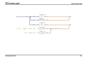 Page 140EXTERIOR LAMPS 
Brake and reverse lamps
New Range Rover (LHD)139
43
Brake and reverse lamps
BU
,1.5
N,2.5
N,0.5N,1.5N,1.5
WY,0.75WY,0.75
WY,0.75
BU,0.75BU,0.75WY,0.75WY,0.75
N,0.75N,0.75
BU,0.75
N,2.5
AB
high mounted (A126) Lamp-brake-Lamp-Reverse-RH (A129)Lamp-Reverse-LH (A130)Unit-Tail lamp-LH (A139)
C0117-7 C0384-7C0117-6 C0384-6
21.0 Watts21.0 WattsLH (A125) Lamp-brake-
Unit-Tail lamp-RH (A140)
RH (A124) Lamp-brake-
C0384-5 C0117-5
X428
C0455-2C0472-2C0121-2C0613-2
C0455-1
X13276
C0472-1
C0121-5...