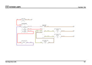 Page 143EXTERIOR LAMPS 
Fog lamps - Rear
New Range Rover (LHD)142
43
EXTE RIOR LAMPS
Fog lamps - Rear
N,0.5
YB,0.35
PB,4.0R,4.0
NB,0.35
YB,0.75
R,35.0
PY,0.5R,4.0
N,35.0
YB,0.75
N,1.5N,1.5
Unit-Tail lamp-LH (A139)Unit-Tail lamp-RH (A140)
Rear-RH (A110) Lamp-Fog guard-21.0 WattsRear-LH (A111) Lamp-Fog guard-21.0 Watts
FUSE 5330.0 Amps
switch (D183) Module-Lighting
compartment (P101) Fuse box-PassengerSwitch-Ignition (S176)Auxiliary (Y163)
Switch-Lighting (S100)
lamp-Rear (S111)Switch-Fog guard
FUSE 95.0 Amps...