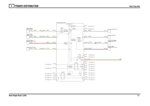 Page 18POWER DISTRIBUTION 
Rear Fuse Box
New Range Rover (LHD)17
1
Rear Fuse Box
GW,1.5GN,1.5GY,0.5RB,0.5
GY,0.5GW,1.5GN,1.5
RW,0.75
N,4.0BP,0.35WU,2.5WU,2.5RW,0.75
frequency (RF) (T203) Receiver-RadioTrailer pick-up (P124)
C0498-2 C0473-2
Seat-RH (S161)
Switch-Heater-Seat-LH (S162)
Switch-Heater-
C0903-2 C0868-2C0903-1 C0868-1
Fuse box-Rear (P107)
RELAY 4
FUSE 2
25.0 AmpsFUSE 3
25.0 Amps
RELAY 1pump (R103)Relay-Fuel
FUSE 14
5.0 AmpsFUSE 11
20.0 Amps
heat (Y230)Seat
FUSE 15
25.0 AmpsBAT-1
GND-1
IGN-1
FUSE...