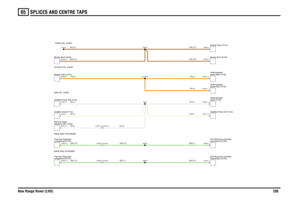 Page 206SPLICES AND CENTRE TAPS 
New Range Rover (LHD)20565
RG,0.75RG,0.75
RG,2.5
YR,0.5YR,0.5W,0.5W,0.5GW,0.5GW,0.75
W,0.5
W,0.5
W,0.5GW,0.75GW,0.75
GW,1.5GW,0.75
RG,0.75YR,0.5W,0.5
frequency (RF) (T203) Receiver-Radiocompartment (P101)
Fuse box-Passengercompartment (P101)
Fuse box-PassengerAmplifier-Aerial (F116)
C0448-6 C0162-6C0981-12 C0395-12C0448-6 C0162-6
Amplifier-Power-ICE (F142)Module-Video (D181)Monitor-Bord (D185)
transmission (D123)
ECU-Electronic automatictransmission (D123)
ECU-Electronic...