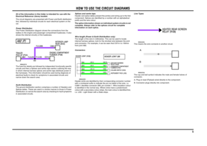 Page 6HOW TO USE THE CIRCUIT DIAGRAMS
5
HOW  TO US E THE  CIRCUIT DIAGRAMSAll of the information in this folder is intended for use with the 
Electrical Reference Library booklet.
The circuit diagrams are presented with Power and Earth distribution 
first, followed by individual circuits for each electrical system on the 
car.
Power Distribution
The Power Distribution diagram shows the connections from the 
battery to the engine and passenger compartment fuseboxes. It also 
shows the internal circuitry of the...