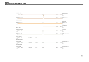 Page 206SPLICES AND CENTRE TAPS 
205
65
GW,0.75GW,0.5W,0.5W,0.5YR,0.5YR,0.5
RG,2.5
RG,0.75RG,0.75
W,0.5
W,0.5
GW,1.5GW,0.75
GW,0.75GW,0.75W,0.5W,0.5YR,0.5RG,0.75
frequency (RF) (T203) Receiver-Radio
C0448-6 C0162-6C0448-6 C0162-6C0981-12 C0395-12
compartment (P101) Fuse box-Passengercompartment (P101) Fuse box-PassengerAmplifier-Aerial (F116)Amplifier-Power-ICE (F142)Module-Video (D181)Monitor-Bord (D185)
Amplifier-Power-ICE (F142)transmission (D123) ECU-Electronic automatictransmission (D123) ECU-Electronic...