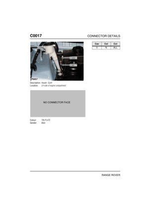 Page 159C0017CONNECTOR DETAILS
RANGE ROVER
C001 7
Description:Header -Earth
Location:LH side of engine compartment
Colour:TIN-PLATE
Gender:Male
P6857
C0362
C0551
C0017
CavColCct
0NALL 