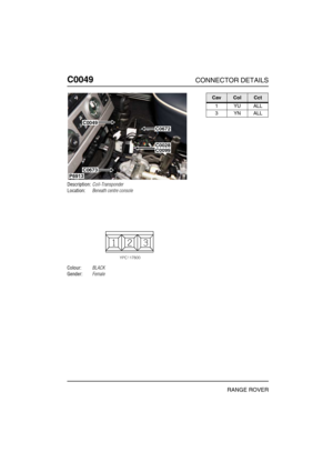 Page 167C0049CONNECTOR DETAILS
RANGE ROVER
C004 9
Description:Coil-Transponder
Location:Beneath centre console
Colour:BLACK
Gender:Female
P6913
C0049
C0672
C0028C0099
C0673
CavColCct
1YUALL
3YNALL 