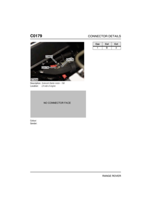 Page 199C0179CONNECTOR DETAILS
RANGE ROVER
C017 9
Description:Solenoid-Starter motor - Td6
Location:LH side of engine
Colour:
Gender:
P7034
C0823
C0179
C0178
CavColCct
1B3 