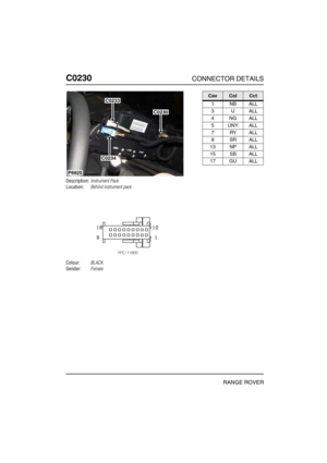 Page 207C0230CONNECTOR DETAILS
RANGE ROVER
C023 0
Description:Instrument Pack
Location:Behind instrument pack
Colour:BLACK
Gender:Female
P6925
C0233
C0230
C0234
CavColCct
1NBALL
3UALL
4NGALL
5 UNY ALL
7RYALL
8SRALL
13 NP ALL
15 SB ALL
17 GU ALL 