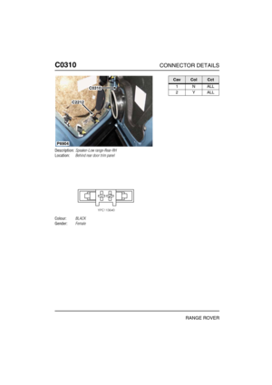 Page 225C0310CONNECTOR DETAILS
RANGE ROVER
C031 0
Description:Speaker-Low range-Rear-RH
Location:Behind rear door trim panel
Colour:BLACK
Gender:Female
P6904
C0310
C2212
CavColCct
1NALL
2YALL 