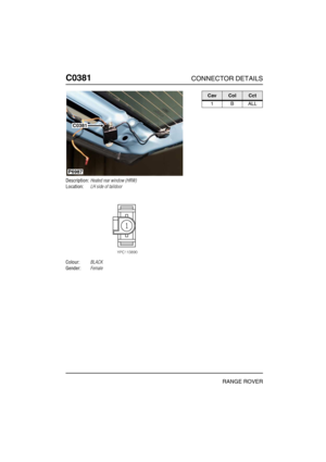 Page 243C0381CONNECTOR DETAILS
RANGE ROVER
C038 1
Description:Heated rear window (HRW)
Location:LH side of taildoor
Colour:BLACK
Gender:Female
P6987
C0381
CavColCct
1BALL 