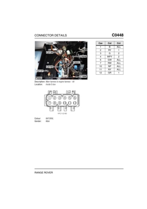 Page 258CONNECTOR DETAILSC0448
RANGE ROVER
C0 448
Description:Main harness to engine harness - V8
Location:Inside E-box
Colour:NATURAL
Gender:Male
P6882
C0448
C2138
C0193
C0331
C1886
C0646
C2137
CavColCct
1BALL
2RY1
3G2
4WPY2
6GWALL
7RWALL
10 NP ALL
11 NY ALL
12 GR 1 