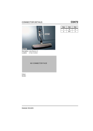 Page 262CONNECTOR DETAILSC0472
RANGE ROVER
C0 472
Description:Lamp-Reverse-LH
Location:LH rear of vehicle
Colour:
Gender:
P6967
C0472
CavColCct
1N3
2WY3 