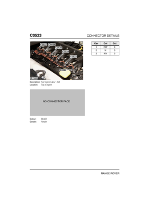 Page 277C0523CONNECTOR DETAILS
RANGE ROVER
C052 3
Description:Fuel injector-No.2 - Td6
Location:Top of engine
Colour:BLACK
Gender:Female
C0526
C0524
C0523
C0525
P7025
C0527
C0522
CavColCct
1RW3
2N3
2NY3 