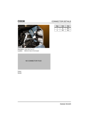 Page 285C0538CONNECTOR DETAILS
RANGE ROVER
C053 8
Description:Lamp-Side-Front-LH
Location:Behind LH side of front bumper
Colour:
Gender:
P6853
C0001
C0538
CavColCct
1NALL
2SGALL 