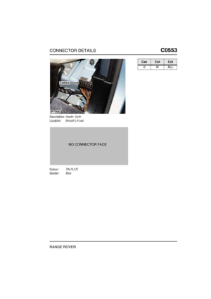 Page 290CONNECTOR DETAILSC0553
RANGE ROVER
C0 553
Description:Header -Earth
Location:Beneath LH seat
Colour:TIN-PLATE
Gender:Male
P7000
C0553
CavColCct
0NALL 