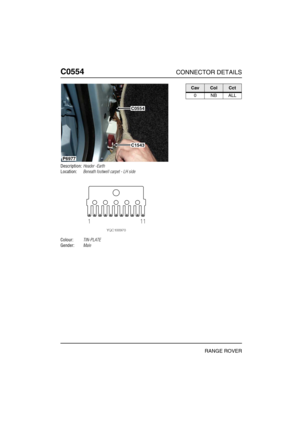 Page 291C0554CONNECTOR DETAILS
RANGE ROVER
C055 4
Description:Header -Earth
Location:Beneath footwell carpet - LH side
Colour:TIN-PLATE
Gender:Male
P6977
C0554
C1543
CavColCct
0NBALL 