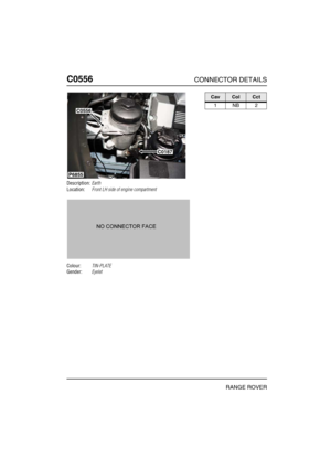 Page 293C0556CONNECTOR DETAILS
RANGE ROVER
C055 6
Description:Earth
Location:Front LH side of engine compartment
Colour:TIN-PLATE
Gender:Eyelet
P6855
C0556
C0187
CavColCct
1NB2 