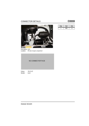 Page 294CONNECTOR DETAILSC0559
RANGE ROVER
C0 559
Description:Earth
Location:RH side of engine compartment
Colour:TIN-PLATE
Gender:Eyelet
P7024
C0559
C0629
CavColCct
1NO3 