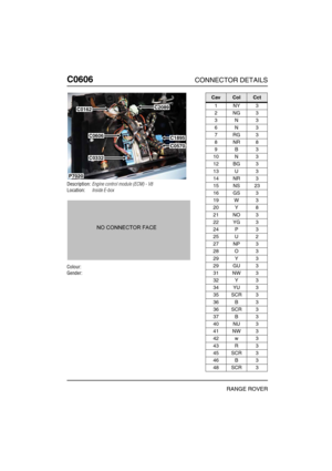 Page 317C0606CONNECTOR DETAILS
RANGE ROVER
C060 6
Description:Engine control module (ECM) - V8
Location:Inside E-box
Colour:
Gender:
P7020
C0162
C0606
C0332
C2089
C1895
C0570
CavColCct
1NY3
2NG3
3N3
6N3
7RG3
8NR8
9B3
10 N 3
12 BG 3
13 U 3
14 NR 3
15 NS 23
16 GS 3
19 W 3
20 Y 8
21 NO 3
22 YG 3
24 P 3
25 U 2
27 NP 3
28 O 3
29 Y 3
29 GU 3
31 NW 3
32 Y 3
34 YU 3
35 SCR 3
36 B 3
36 SCR 3
37 B 3
40 NU 3
41 NW 3
42 w 3
43 R 3
45 SCR 3
46 B 3
48 SCR 3 