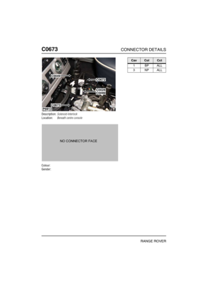 Page 333C0673CONNECTOR DETAILS
RANGE ROVER
C067 3
Description:Solenoid-Interlock
Location:Beneath centre console
Colour:
Gender:
P6913
C0049
C0672
C0028C0099
C0673
CavColCct
1BPALL
3NPALL 