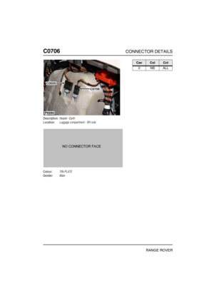 Page 339C0706CONNECTOR DETAILS
RANGE ROVER
C070 6
Description:Header -Earth
Location:Luggage compartment - RH side
Colour:TIN-PLATE
Gender:Male
P6990
C0555
C0706
CavColCct
0NBALL 