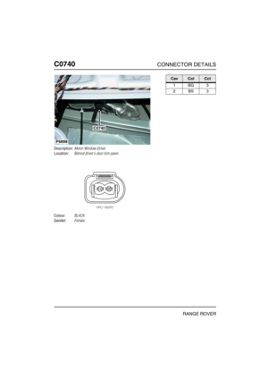 Page 345C0740CONNECTOR DETAILS
RANGE ROVER
C074 0
Description:Motor-Window-Driver
Location:Behind drivers door trim panel
Colour:BLACK
Gender:Female
P6898
C0740
CavColCct
1BG3
2BS3 