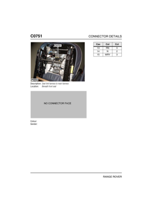 Page 347C0751CONNECTOR DETAILS
RANGE ROVER
C075 1
Description:Seat link harness to main harness
Location:Beneath front seat
Colour:
Gender:
P6992
C0751CavColCct
13 RN 3
14 N 2
15 WRY 3 