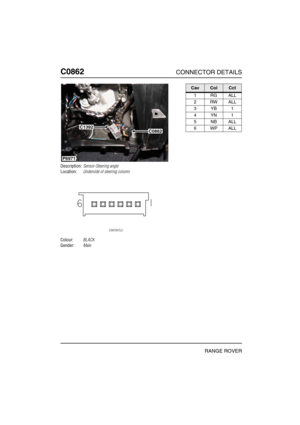 Page 361C0862CONNECTOR DETAILS
RANGE ROVER
C086 2
Description:Sensor-Steering angle
Location:Underside of steering column
Colour:BLACK
Gender:Male
P6971
C1392C0862
CavColCct
1RGALL
2RWALL
3YB1
4YN1
5NBALL
6WPALL 