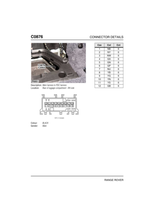 Page 365C0876CONNECTOR DETAILS
RANGE ROVER
C087 6
Description:Main harness to PDC harness
Location:Rear of luggage compartment - RH side
Colour:BLACK
Gender:Male
P6951
C0876C2003
CavColCct
1NB6
2NY6
3NW6
4GS6
5GN6
6GP6
7NU6
8YB6
9YG6
10 YN 6
11 YS 6
12 GB 6 