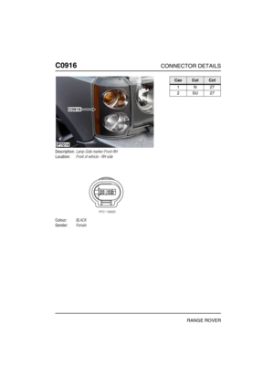 Page 369C0916CONNECTOR DETAILS
RANGE ROVER
C091 6
Description:Lamp-Side marker-Front-RH
Location:Front of vehicle - RH side
Colour:BLACK
Gender:Female
P7014
C0916
CavColCct
1N27
2SU27 