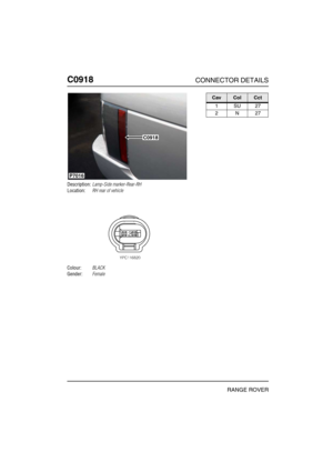 Page 371C0918CONNECTOR DETAILS
RANGE ROVER
C091 8
Description:Lamp-Side marker-Rear-RH
Location:RH rear of vehicle
Colour:BLACK
Gender:Female
P7016
C0918
CavColCct
1SU27
2N27 