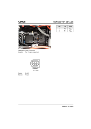 Page 373C0925CONNECTOR DETAILS
RANGE ROVER
C092 5
Description:Heater-Fuel burning
Location:Rear of engine compartment
Colour:BLACK
Gender:Female
C0925
C0926
P7036
CavColCct
1RYALL
2NALL 