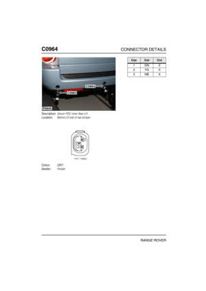 Page 387C0964CONNECTOR DETAILS
RANGE ROVER
C096 4
Description:Sensor-PDC-Inner-Rear-LH
Location:Behind LH side of rear bumper
Colour:GREY
Gender:Female
P6945
C0964
C0963
CavColCct
1GN6
2YG6
3NB6 