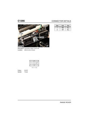 Page 395C1295CONNECTOR DETAILS
RANGE ROVER
C129 5
Description:Illumination-Heater Control-RH
Location:Behind centre of fascia
Colour:BLACK
Gender:Female
P6928
C1294
C1295
C0096
CavColCct
1NBALL
2SRALL 