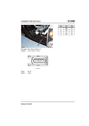 Page 398CONNECTOR DETAILSC1340
RANGE ROVER
C1 340
Description:Motor-Wiper-Headlamp-LH
Location:Front of vehicle - LH side
Colour:BLACK
Gender:Female
C1340
P6854
CavColCct
1BN21
2RS21
3N21
4BY21 