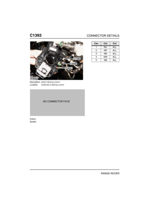 Page 403C1393CONNECTOR DETAILS
RANGE ROVER
C139 3
Description:Switch-Steering column
Location:Underside of steering column
Colour:
Gender:
P6955
C1393
C0082
C2041
CavColCct
1NUALL
2NRALL
3NBALL
4NWALL
5NBALL 