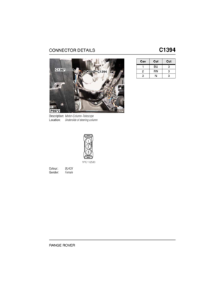 Page 404CONNECTOR DETAILSC1394
RANGE ROVER
C1 394
Description:Motor-Column-Telescope
Location:Underside of steering column
Colour:BLACK
Gender:Female
P6972
C1397C1394
CavColCct
1BU3
2RN3
3N3 