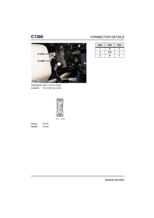 Page 405C1395CONNECTOR DETAILS
RANGE ROVER
C139 5
Description:Motor-Column-Height
Location:Top of steering column
Colour:BLACK
Gender:Female
P6953C1396
C1832
C1395
CavColCct
1B3
2RN3
3N3 