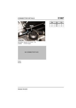 Page 432CONNECTOR DETAILSC1667
RANGE ROVER
C1 667
Description:Regulator-Fuel pressure - Td6
Location:LH side of engine
Colour:
Gender:
C1667
P7031
CavColCct
1RW3
2NU3 