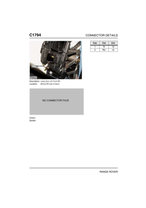 Page 437C1794CONNECTOR DETAILS
RANGE ROVER
C179 4
Description:Lamp-Door sill-Front-RH
Location:Behind RH side of fascia
Colour:
Gender:
P6922
C1794
CavColCct
1N12
2RU12 