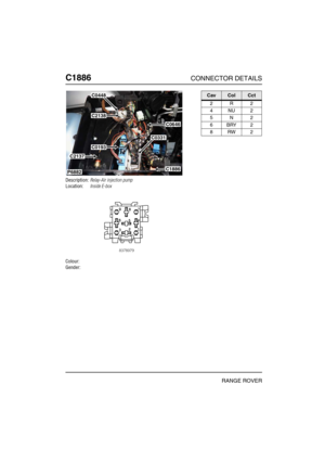 Page 443C1886CONNECTOR DETAILS
RANGE ROVER
C188 6
Description:Relay-Air injection pump
Location:Inside E-box
Colour:
Gender:
P6882
C0448
C2138
C0193
C0331
C1886
C0646
C2137
CavColCct
2R2
4NU2
5N2
6BRY2
8RW2 