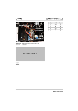 Page 445C1895CONNECTOR DETAILS
RANGE ROVER
C189 5
Description:Relay-Engine control module (ECM) - Td6
Location:Inside E-box
Colour:
Gender:
P7022
C0162
C0909C1526
C0190
C0189
C0570
C1895
CavColCct
2RW3
4N3
5RW3
6R3 