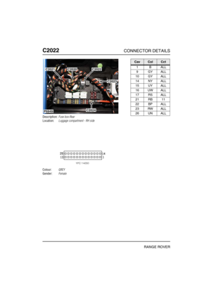 Page 453C2022CONNECTOR DETAILS
RANGE ROVER
C202 2
Description:Fuse box-Rear
Location:Luggage compartment - RH side
Colour:GREY
Gender:Female
P6949
C2021C2022
C2023
C2020
C2024
CavColCct
1BALL
9GYALL
10 GY ALL
14 NY ALL
15 UY ALL
16 UW ALL
17 RS ALL
21 RB 11
22 BP ALL
23 RW ALL
26 UN ALL 